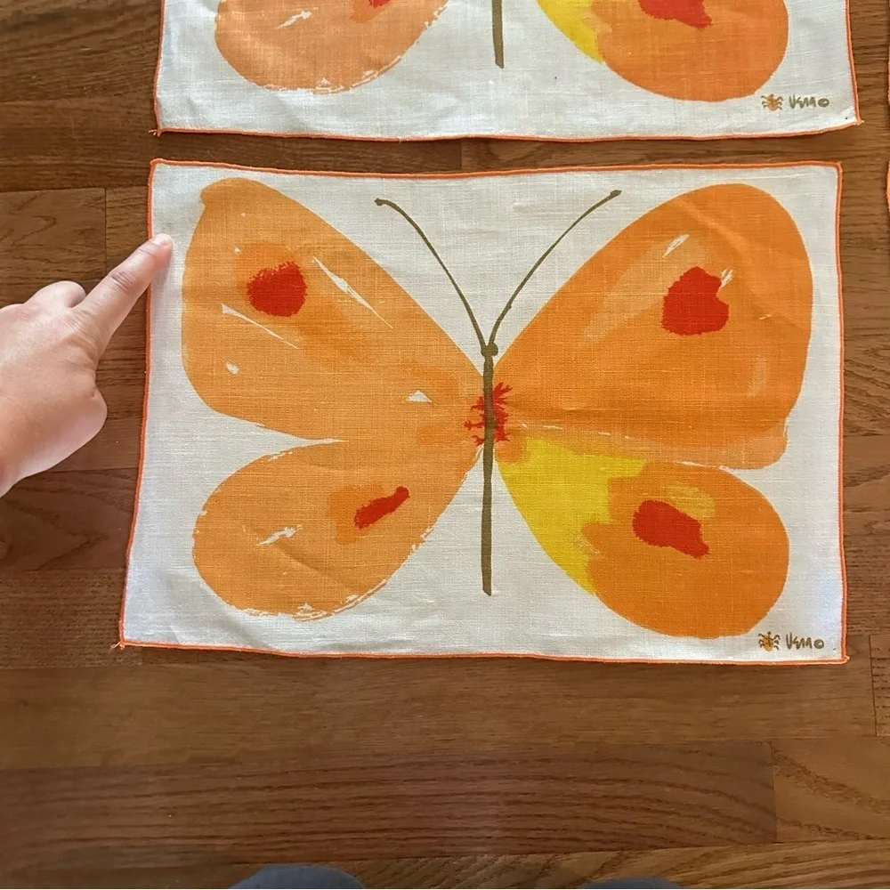 Set of 8 Vintage Vera Neumann Placemats Butterfly MCM Signed Retro Orange Cottag